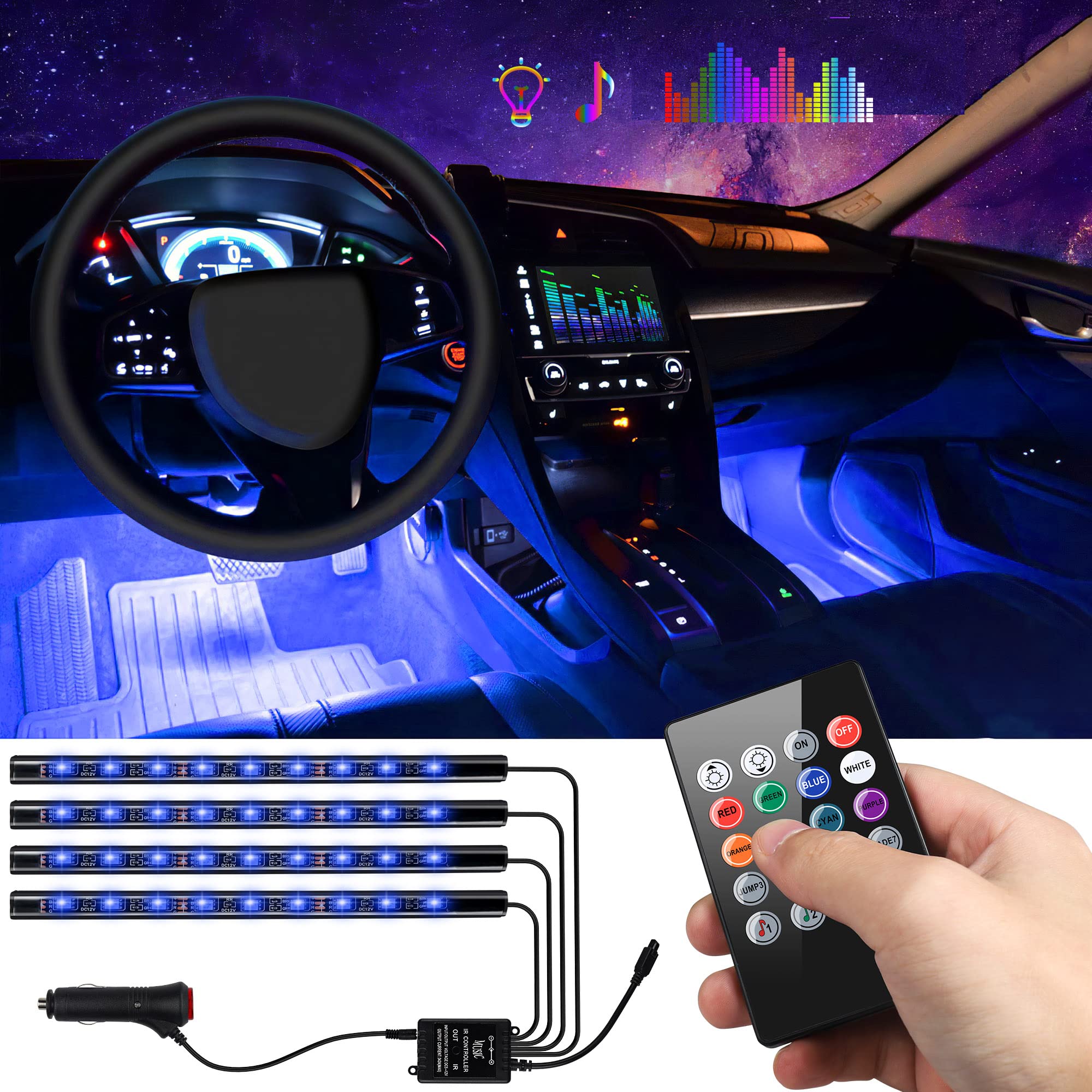 Kit 4 Bandes LED Intérieures Voiture RGB avec Télécommande & Mode Musique – Éclairage Ambiance 48 LED 12V