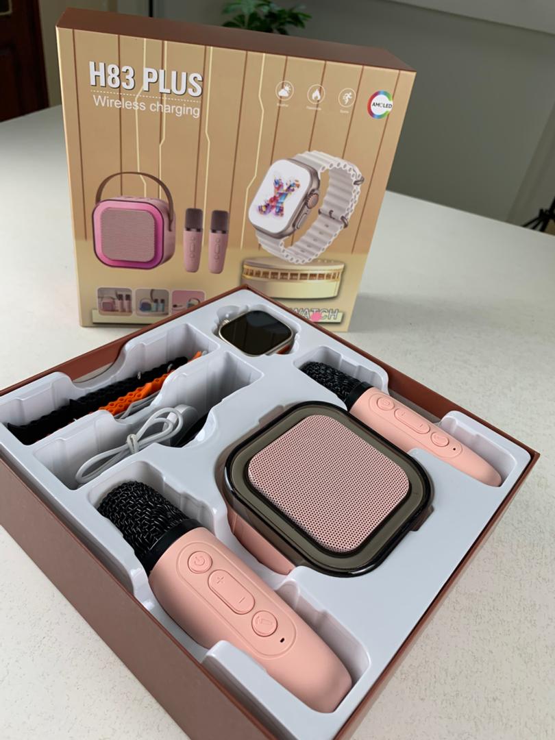 Pack Duo : Smart Watch & Haut-Parleur Karaoké (2 Micros) – العرض المثالي للعائلة!