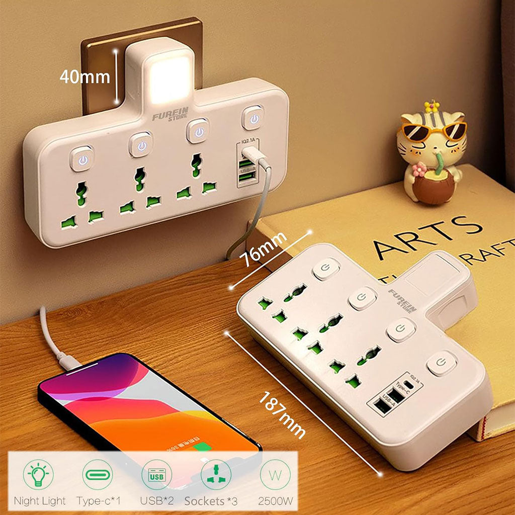 Multiprise Murale&nbsp;LED 3 Prises + 3 USB + Type-C  3 مآخذ كهربائية + 3 منافذ USB + Type-C، مع مفاتيح مستقلة
