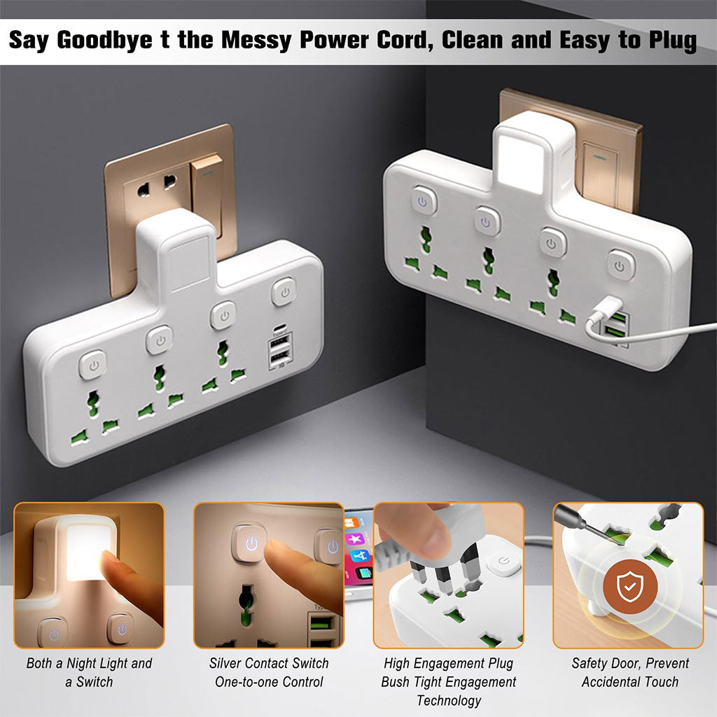 Multiprise Murale&nbsp;LED 3 Prises + 3 USB + Type-C  3 مآخذ كهربائية + 3 منافذ USB + Type-C، مع مفاتيح مستقلة