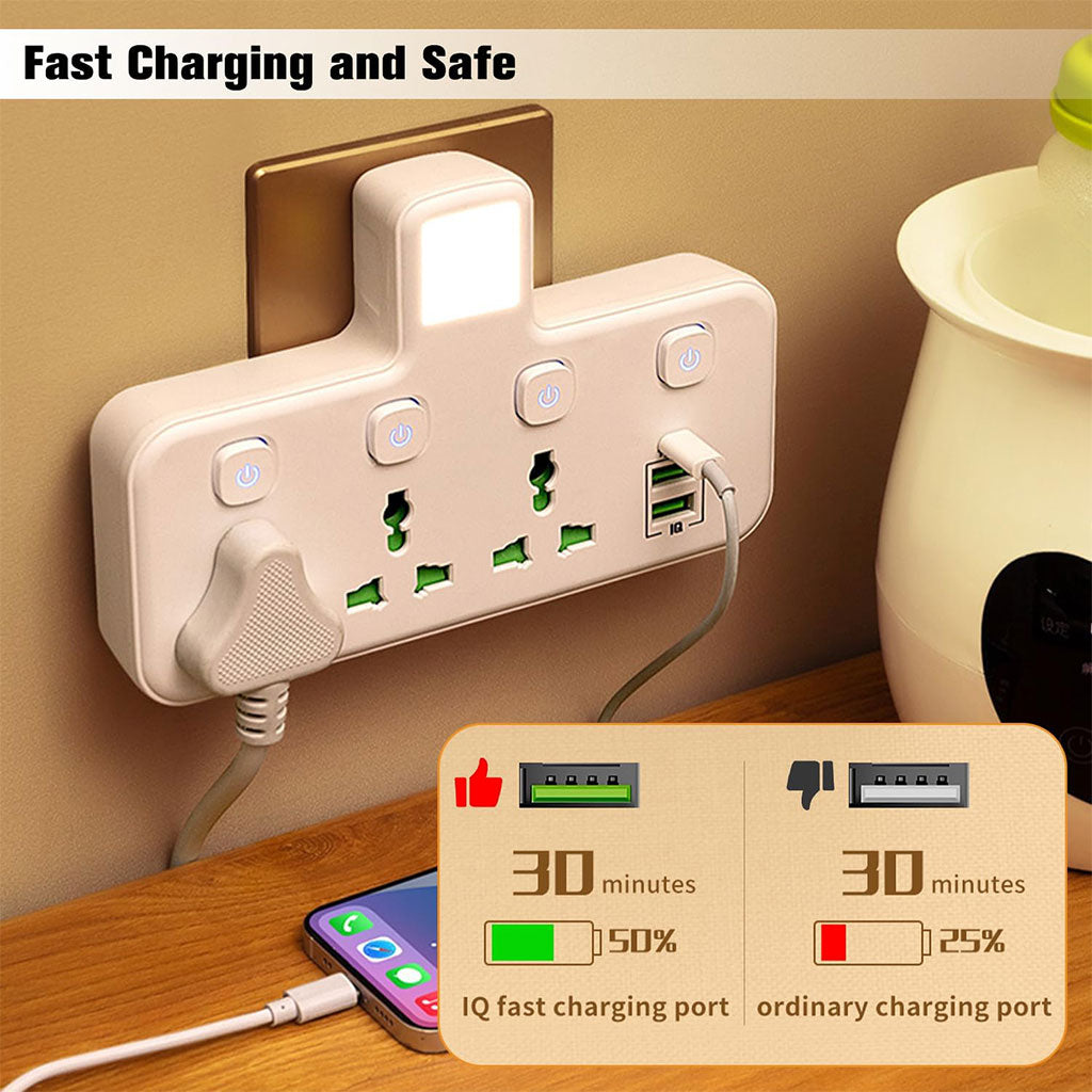 Multiprise Murale&nbsp;LED 3 Prises + 3 USB + Type-C  3 مآخذ كهربائية + 3 منافذ USB + Type-C، مع مفاتيح مستقلة