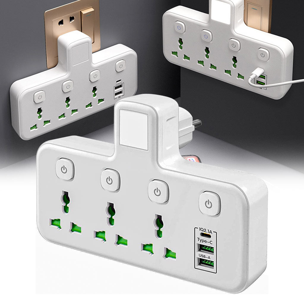 Multiprise Murale&nbsp;LED 3 Prises + 3 USB + Type-C  3 مآخذ كهربائية + 3 منافذ USB + Type-C، مع مفاتيح مستقلة