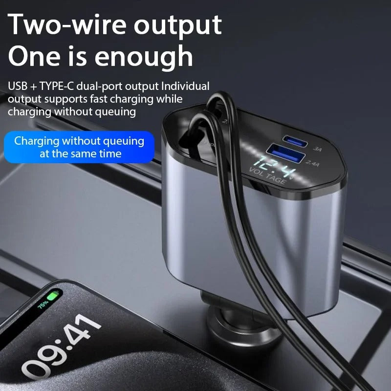 🔌 Chargeur Voiture 4 en 1 avec Câbles Rétractables