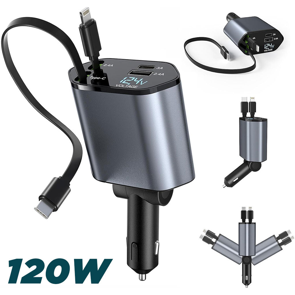 🔌 Chargeur Voiture 4 en 1 avec Câbles Rétractables