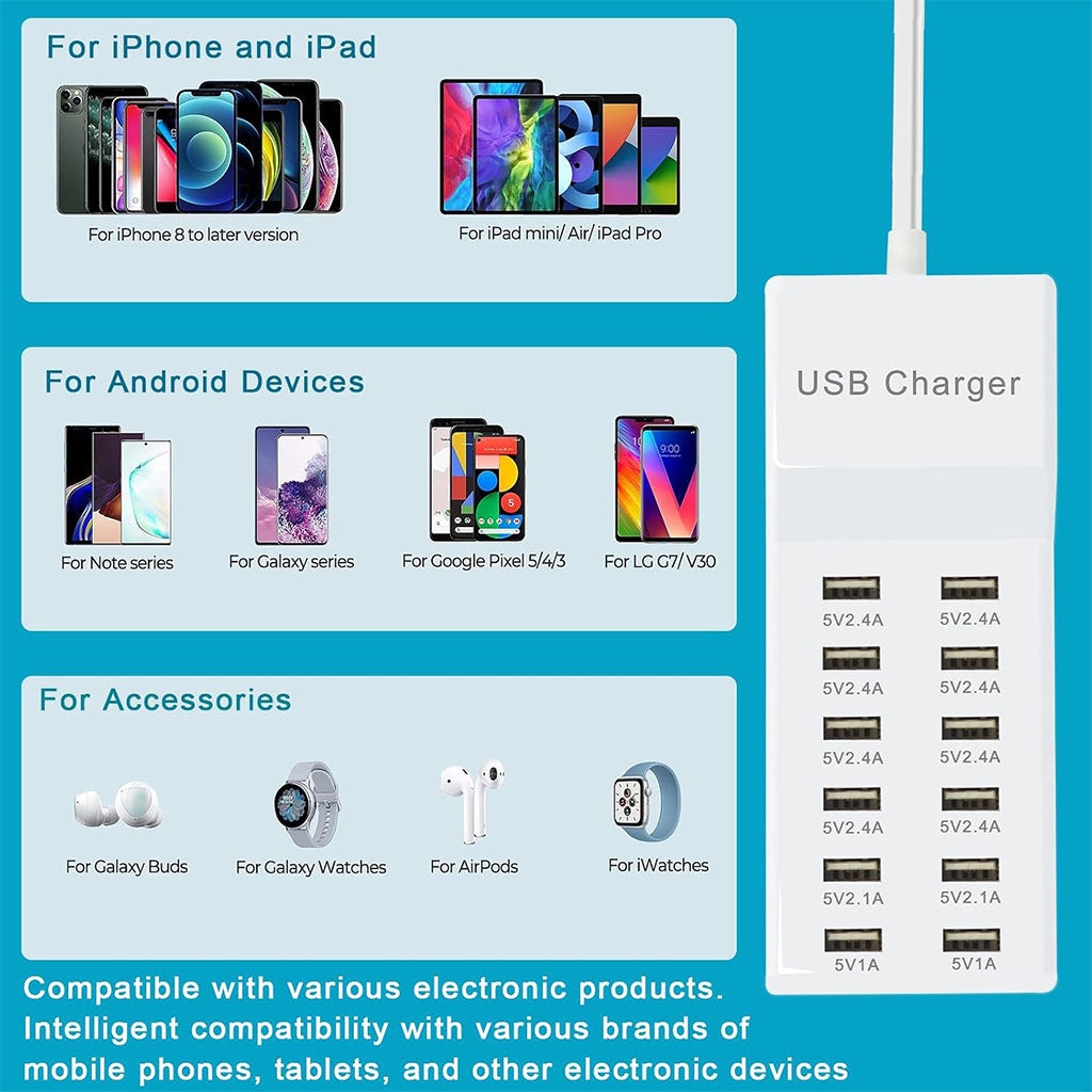 Station de Charge USB — 12 Ports Charge Rapide محطة شحن USB متعددة المنافذ — 12 منفذ مستقل