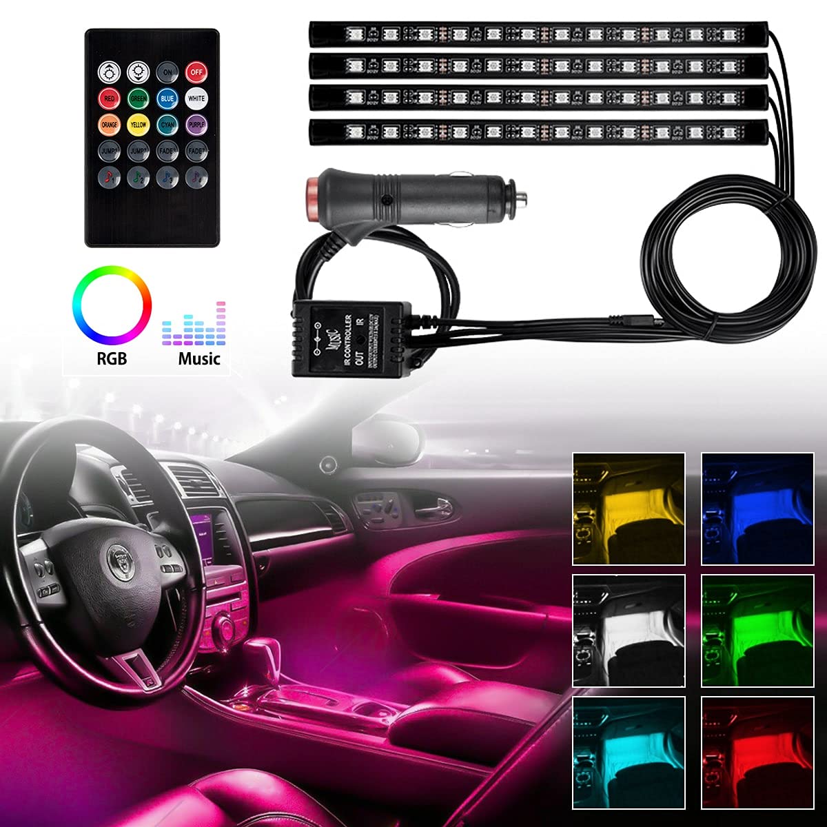 Kit 4 Bandes LED Intérieures Voiture RGB avec Télécommande & Mode Musique – Éclairage Ambiance 48 LED 12V