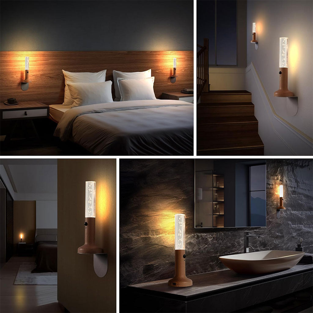 Applique Murale Rechargeable en Bois avec Détecteur de Mouvement – Effet Glow | مصباح جداري محمول