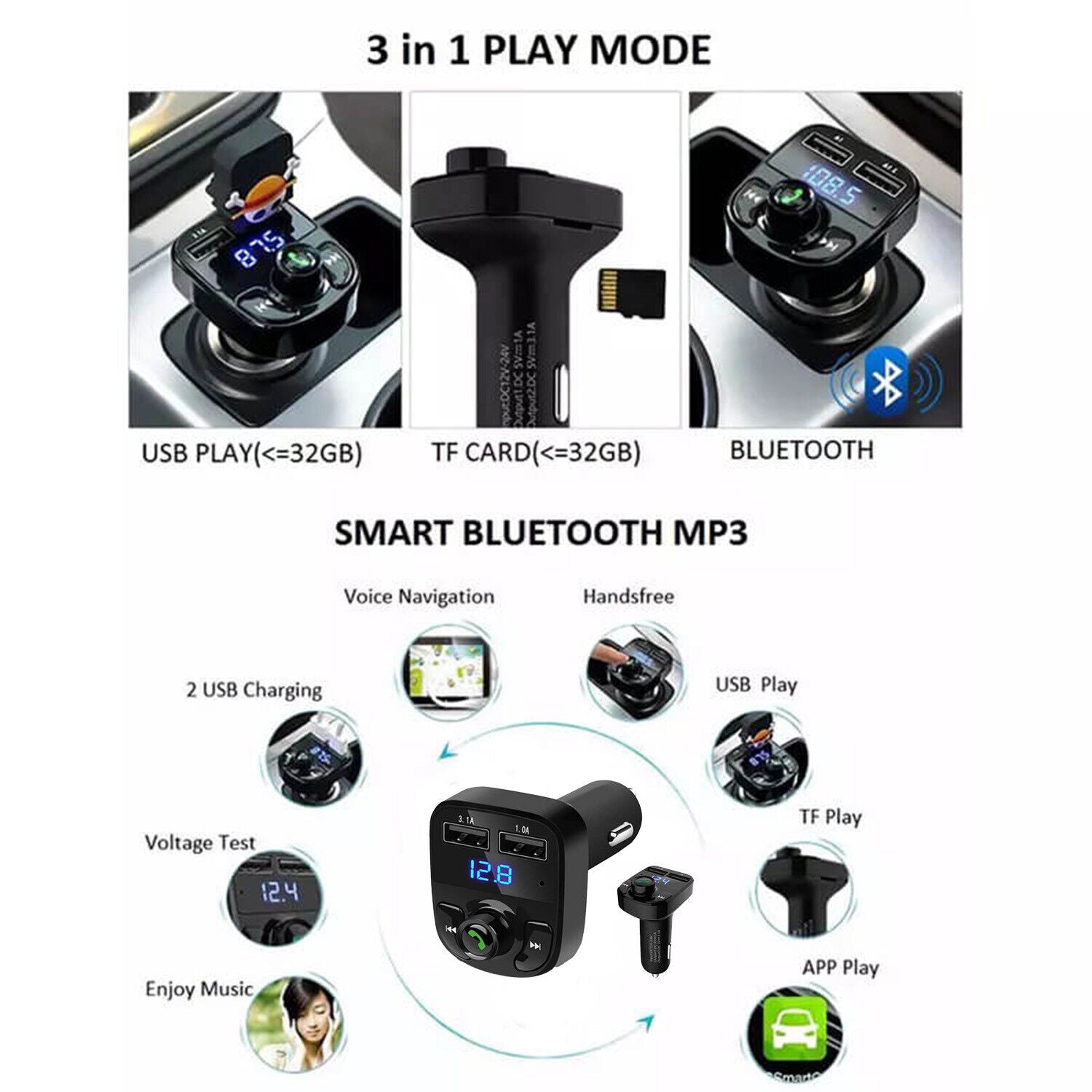 Transmetteur FM Bluetooth X8 — Musique, Appels Mains Libres & Charge Rapide pour Voiture